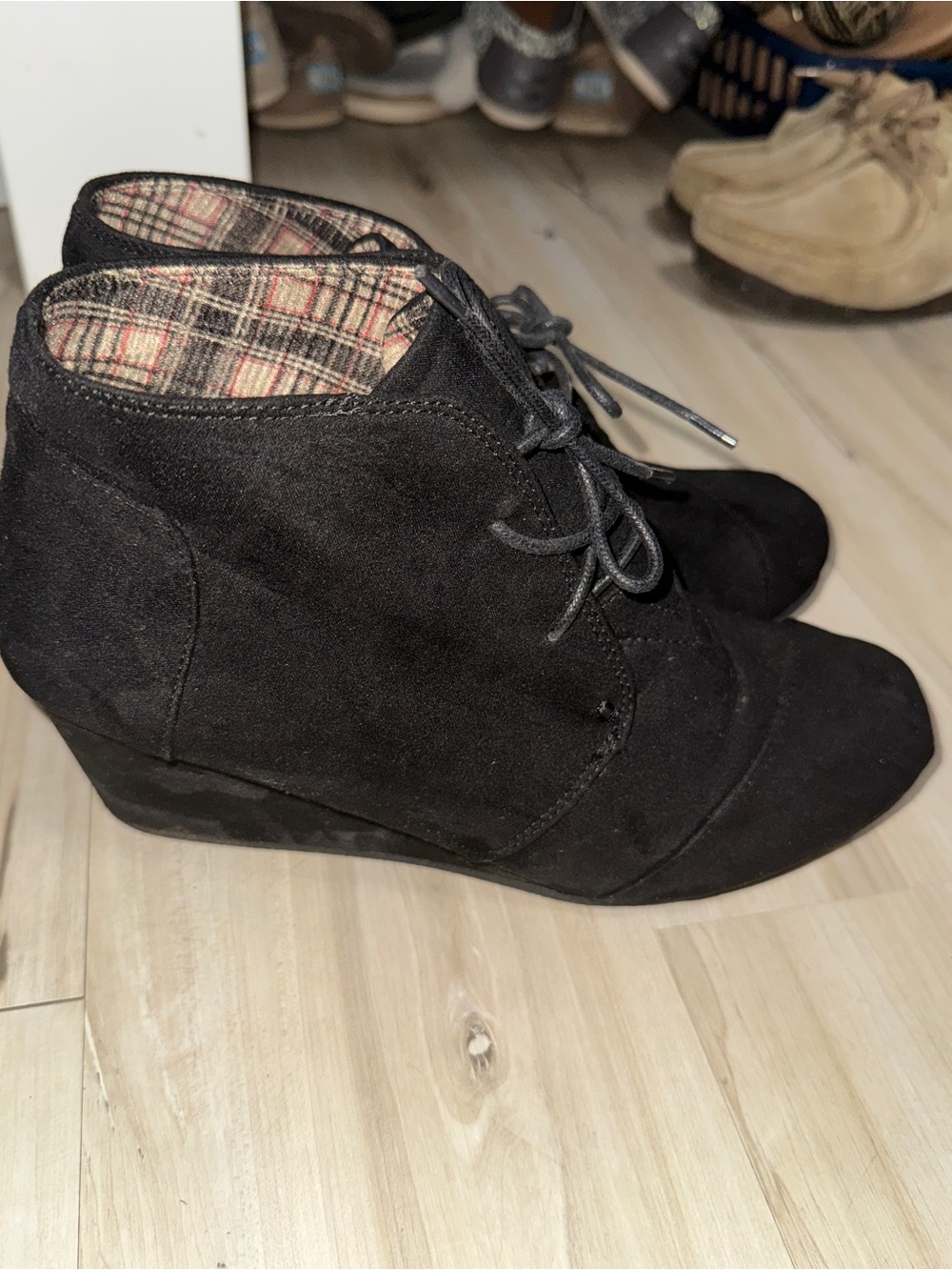 Forever Black Lace-Up Wedge Ankle Booties